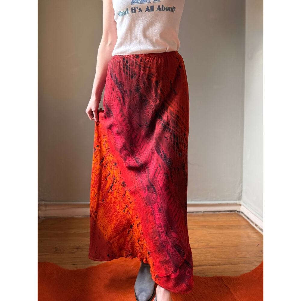 Vintage 90s Rayon Maxi Skirt | Red Orange Ombre Abstract Print | Size 12